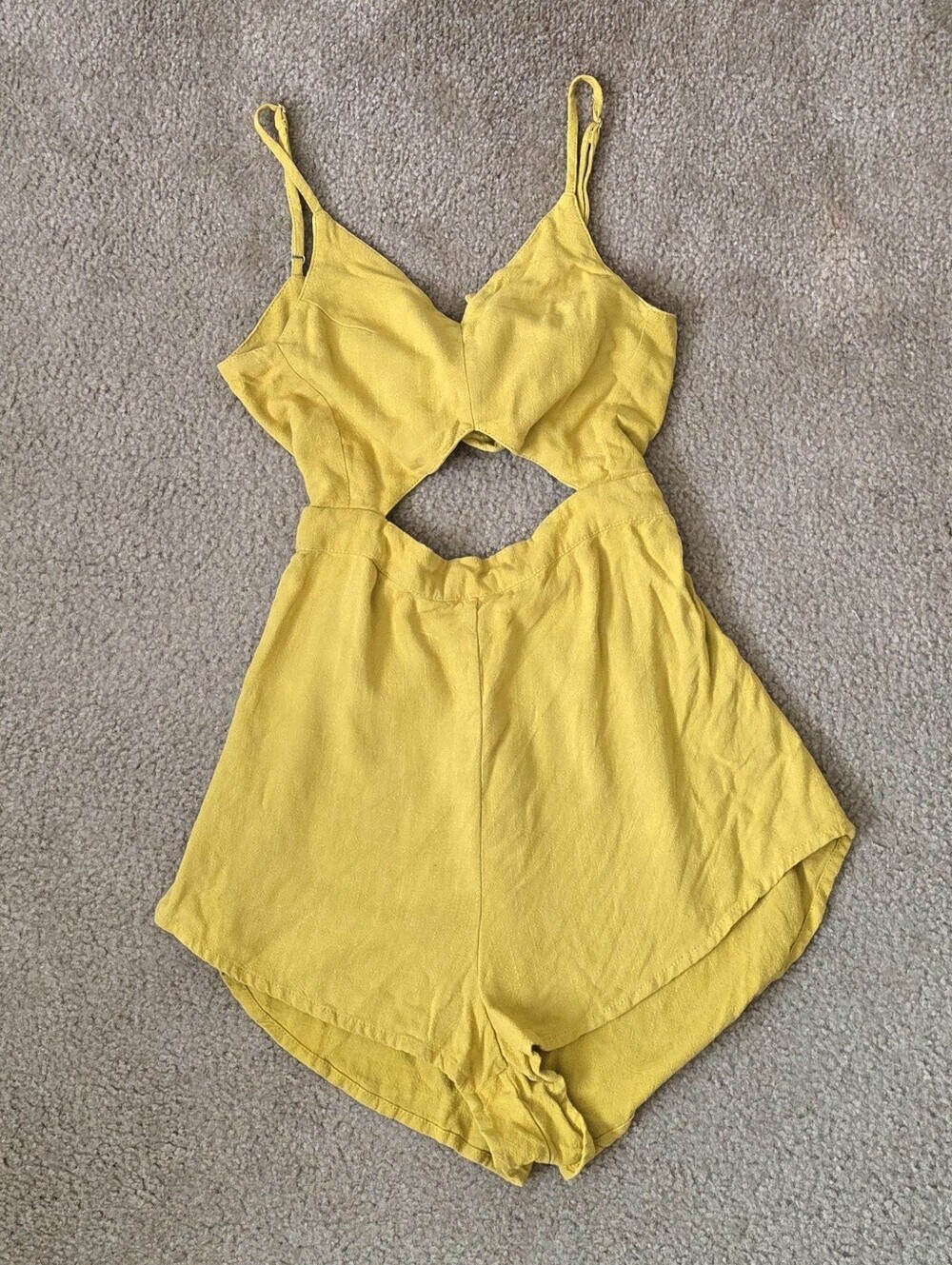 Indah Mustard Yellow Linen Blend Cutout Front Romper - Size XS